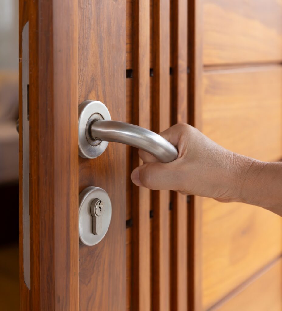 WPC door hardware collection UAE — handles hinges and locks in brushed gold and chrome finishes